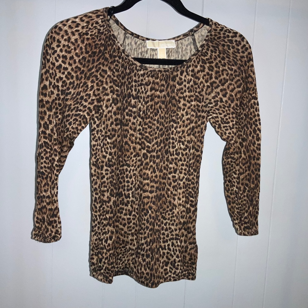 Michael Kors animal print boho blouse Sz P (0P) scoop neck raglan sleeves